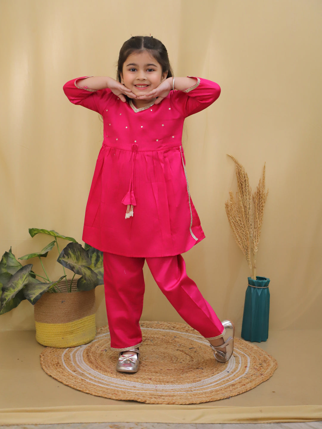 Pink 3/4th Sleeves Solid Cotton Girls Suit Set For Girls - AJ Dezines