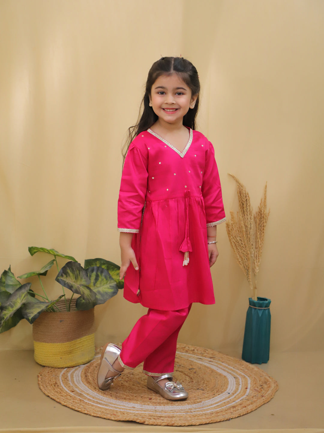 Pink 3/4th Sleeves Solid Cotton Girls Suit Set For Girls - AJ Dezines