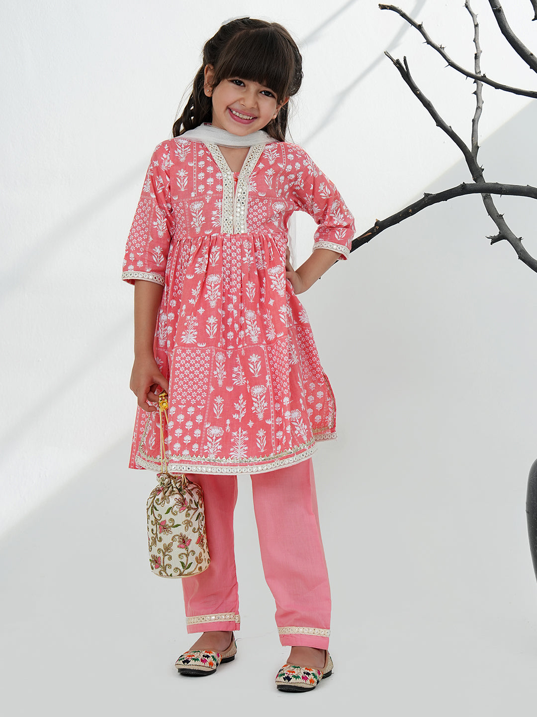 Pink Cotton 3/4th Sleeves Floral Printed with Lace Girls Suit Set - AJ Dezines