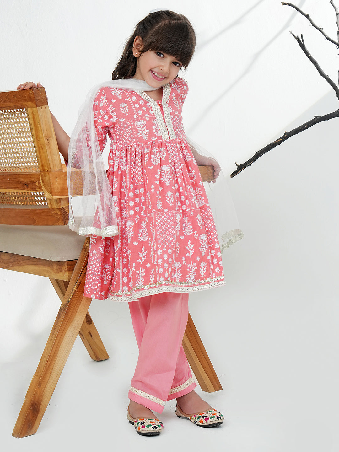 Pink Cotton 3/4th Sleeves Floral Printed with Lace Girls Suit Set - AJ Dezines