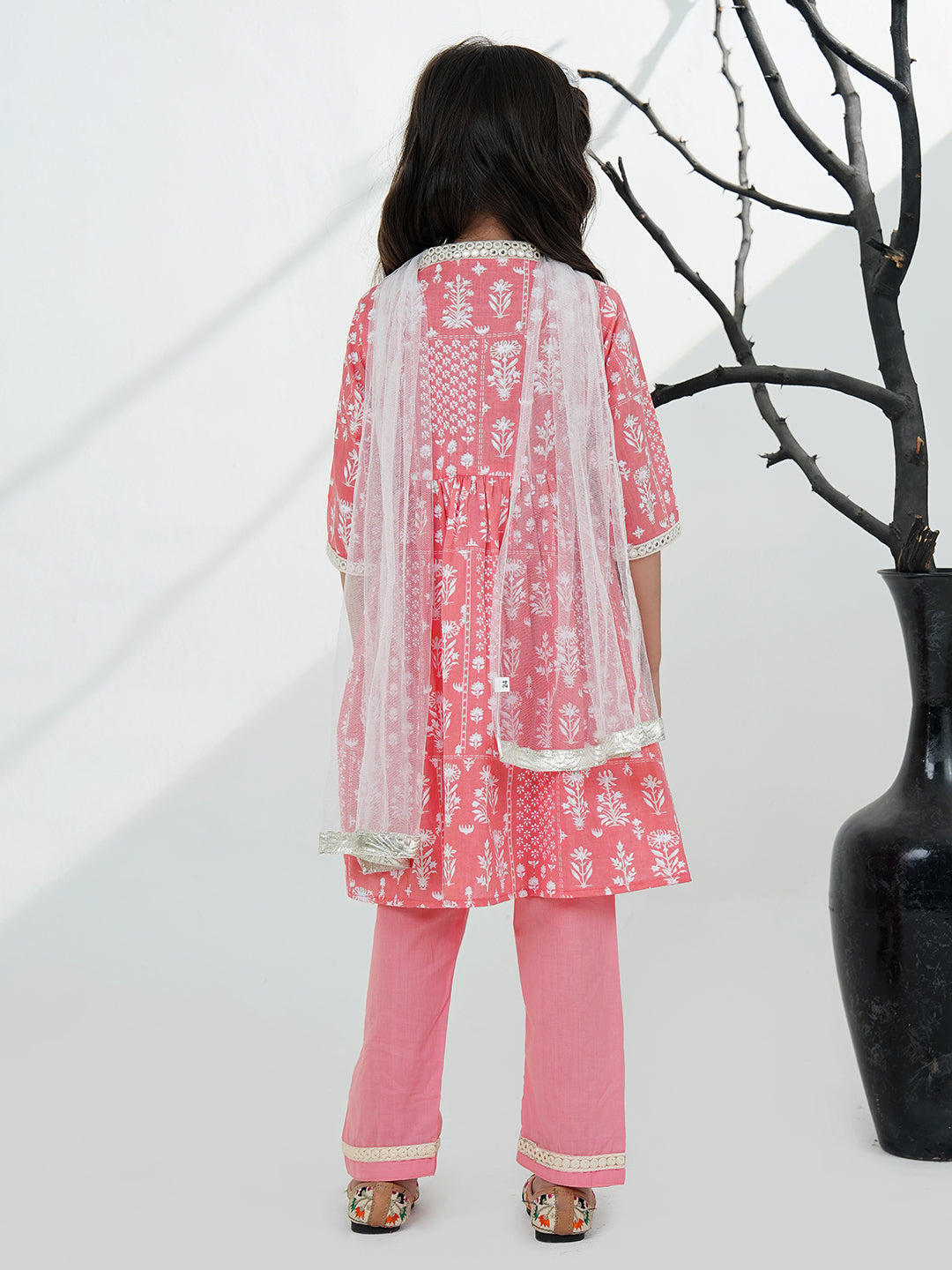 Pink Cotton 3/4th Sleeves Floral Printed with Lace Girls Suit Set - AJ Dezines