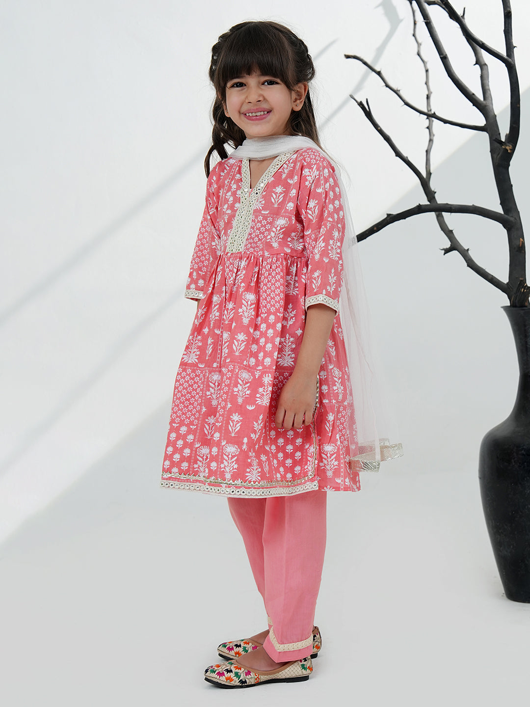Pink Cotton 3/4th Sleeves Floral Printed with Lace Girls Suit Set - AJ Dezines