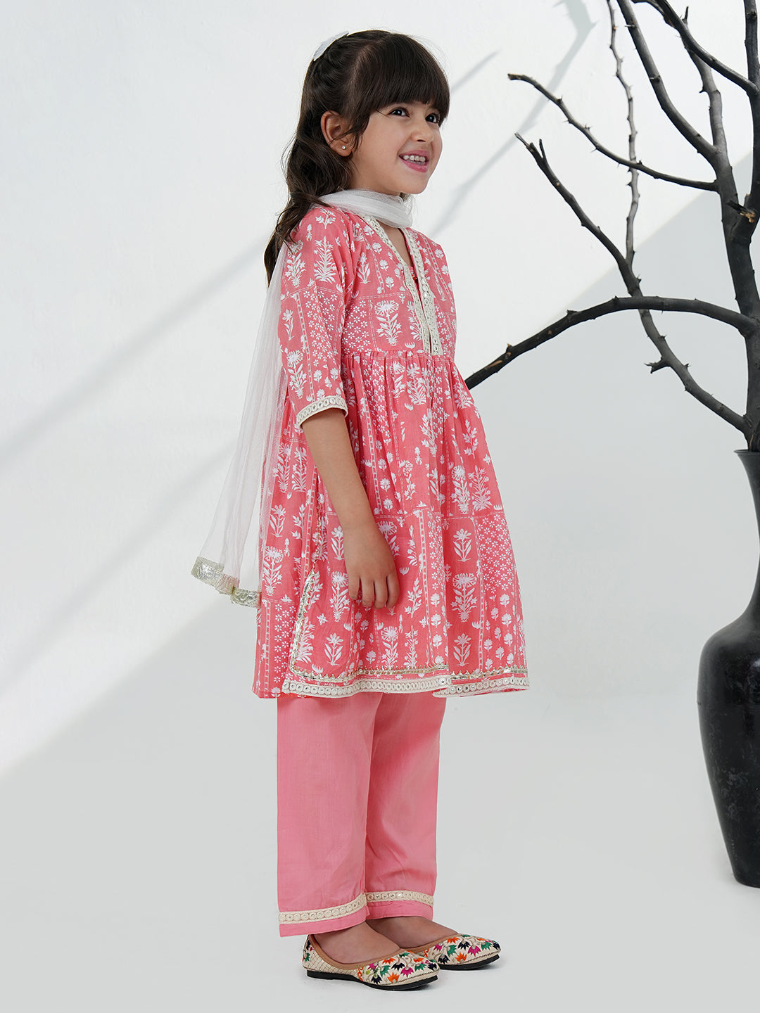 Pink Cotton 3/4th Sleeves Floral Printed with Lace Girls Suit Set - AJ Dezines