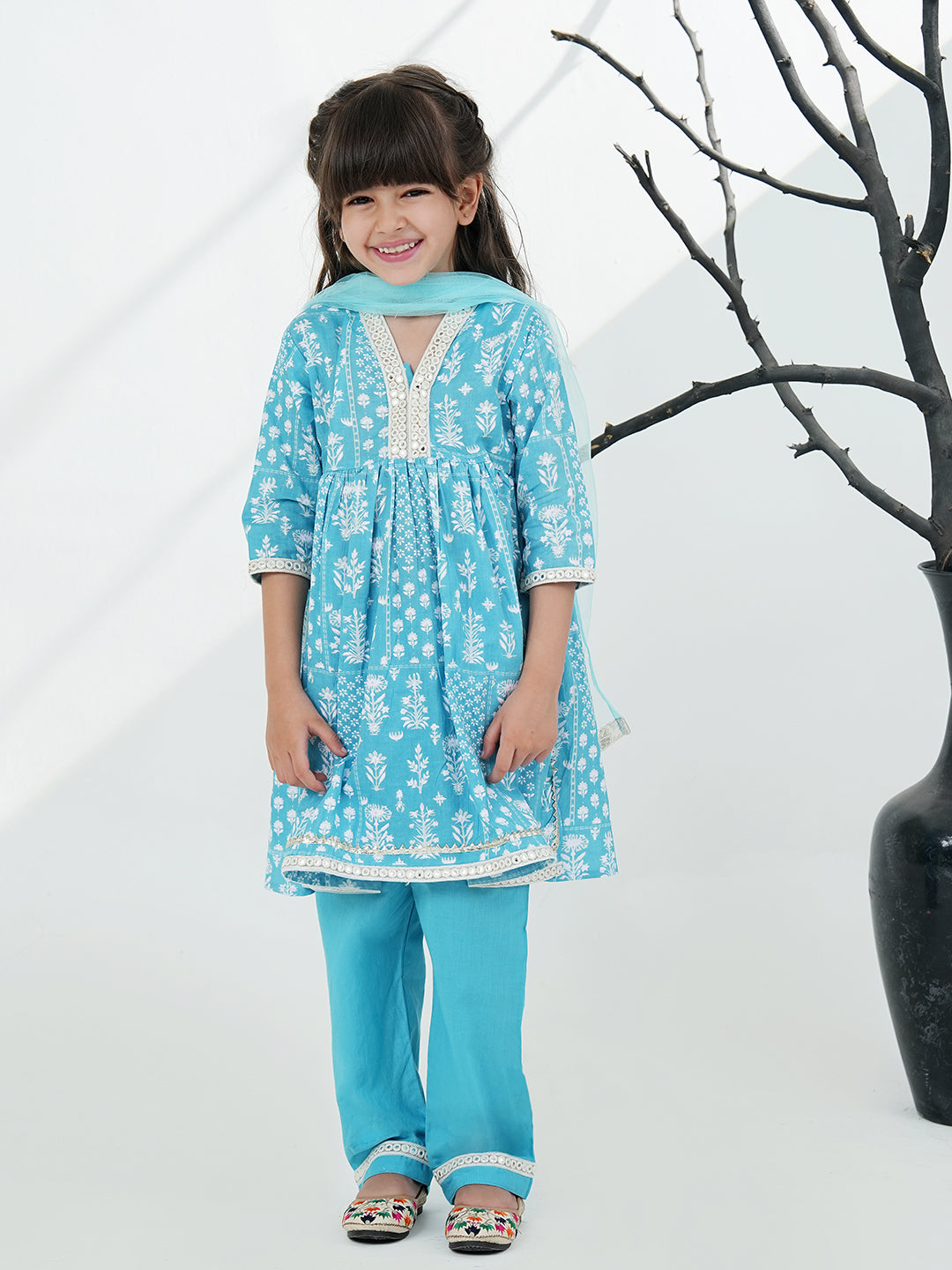 Sky Blue Cotton 3/4th Sleeves Floral Printed with Lace Girls Suit Set - AJ Dezines