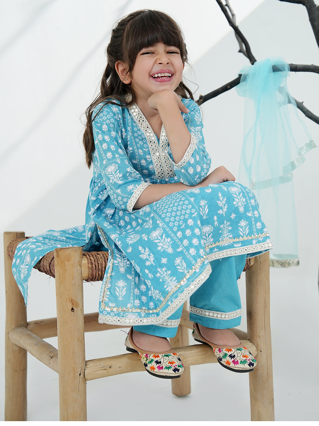 Sky Blue Cotton 3/4th Sleeves Floral Printed with Lace Girls Suit Set - AJ Dezines