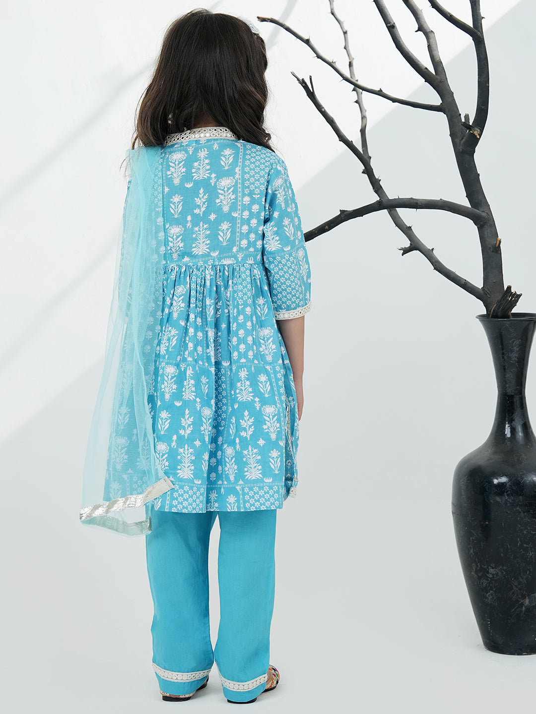 Sky Blue Cotton 3/4th Sleeves Floral Printed with Lace Girls Suit Set - AJ Dezines