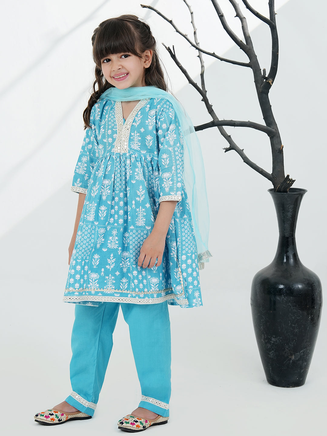 Sky Blue Cotton 3/4th Sleeves Floral Printed with Lace Girls Suit Set - AJ Dezines