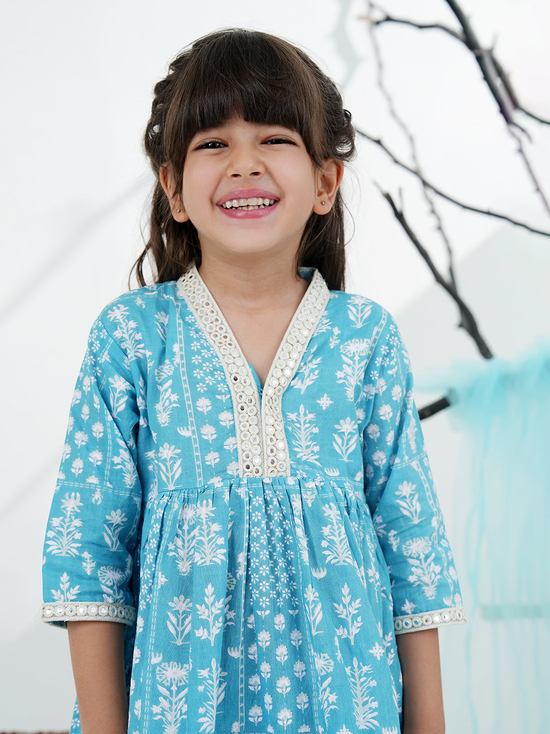 Sky Blue Cotton 3/4th Sleeves Floral Printed with Lace Girls Suit Set - AJ Dezines