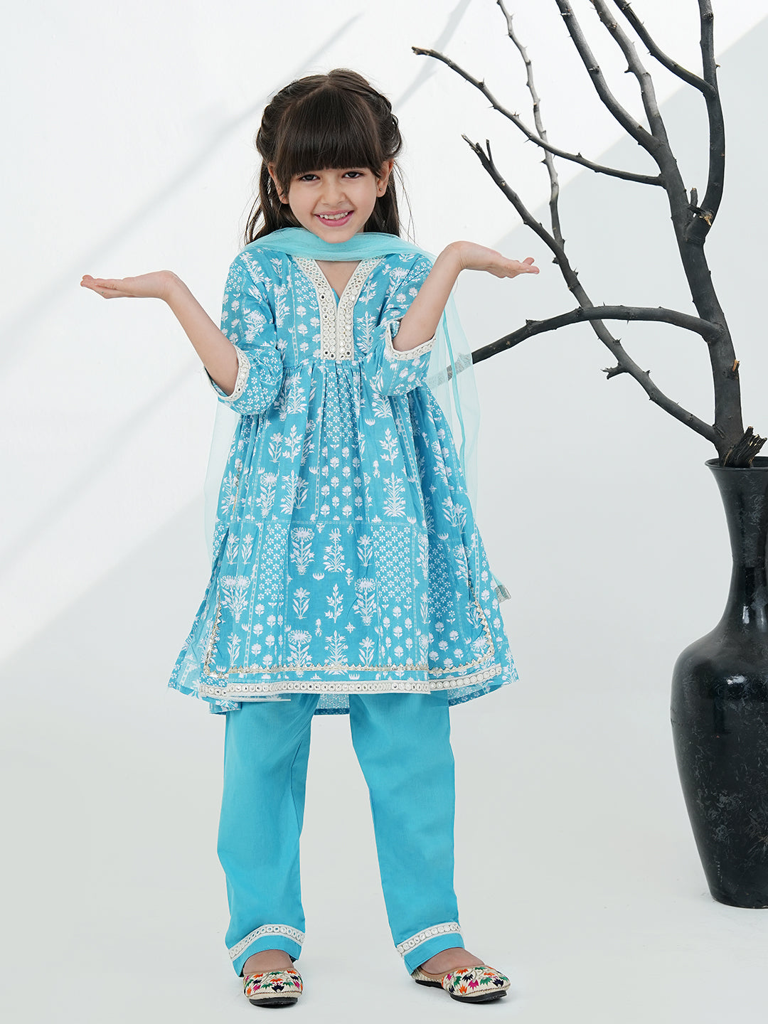 Sky Blue Cotton 3/4th Sleeves Floral Printed with Lace Girls Suit Set - AJ Dezines
