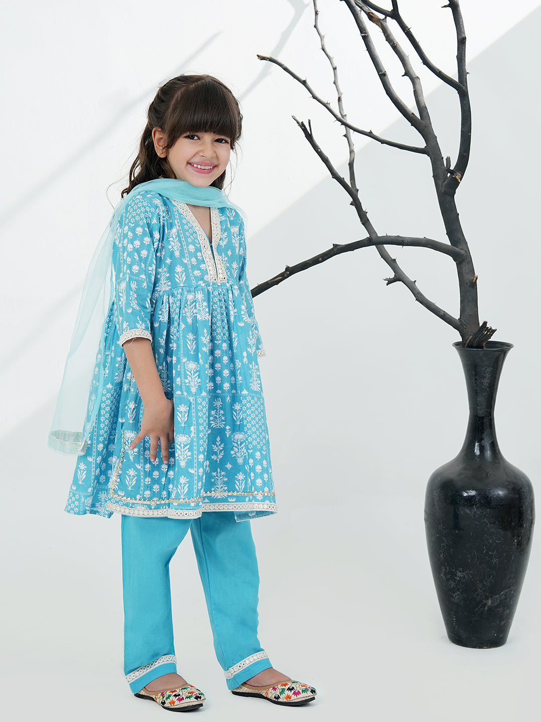 Sky Blue Cotton 3/4th Sleeves Floral Printed with Lace Girls Suit Set - AJ Dezines