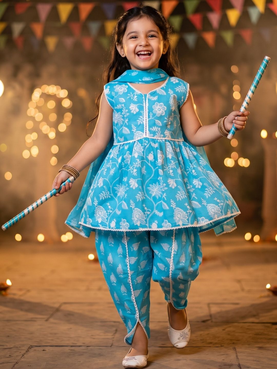 Sky Blue Sleeveless Floral Print Cotton Girls Suit Set For Girls
