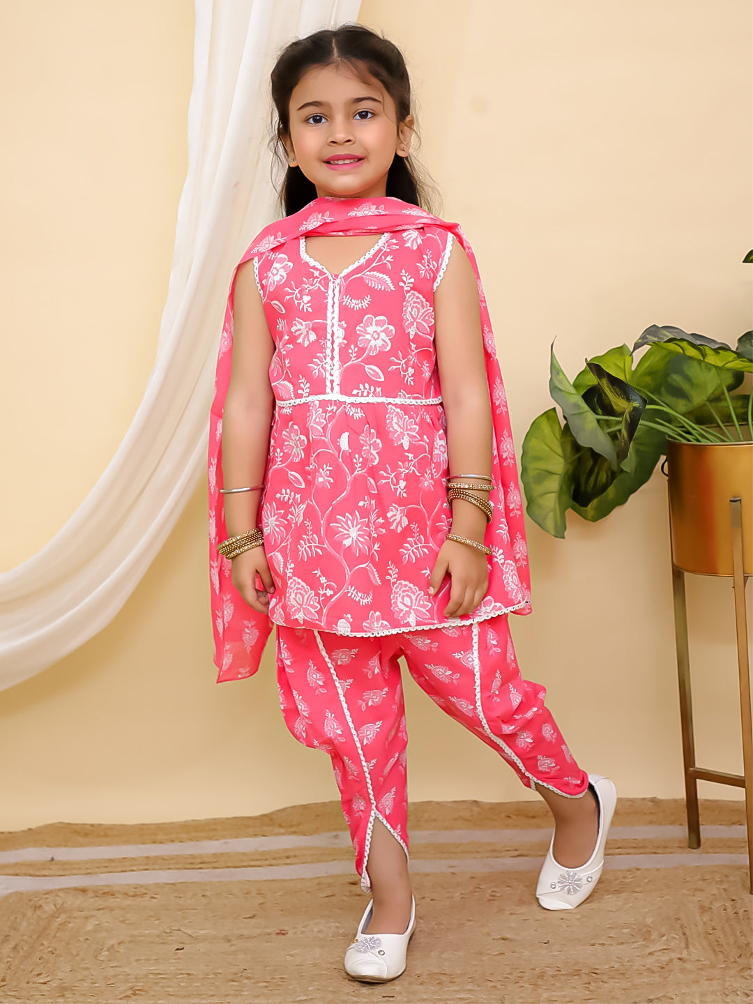 Pink Sleeveless Floral Print Cotton Girls Suit Set For Girls - AJ Dezines
