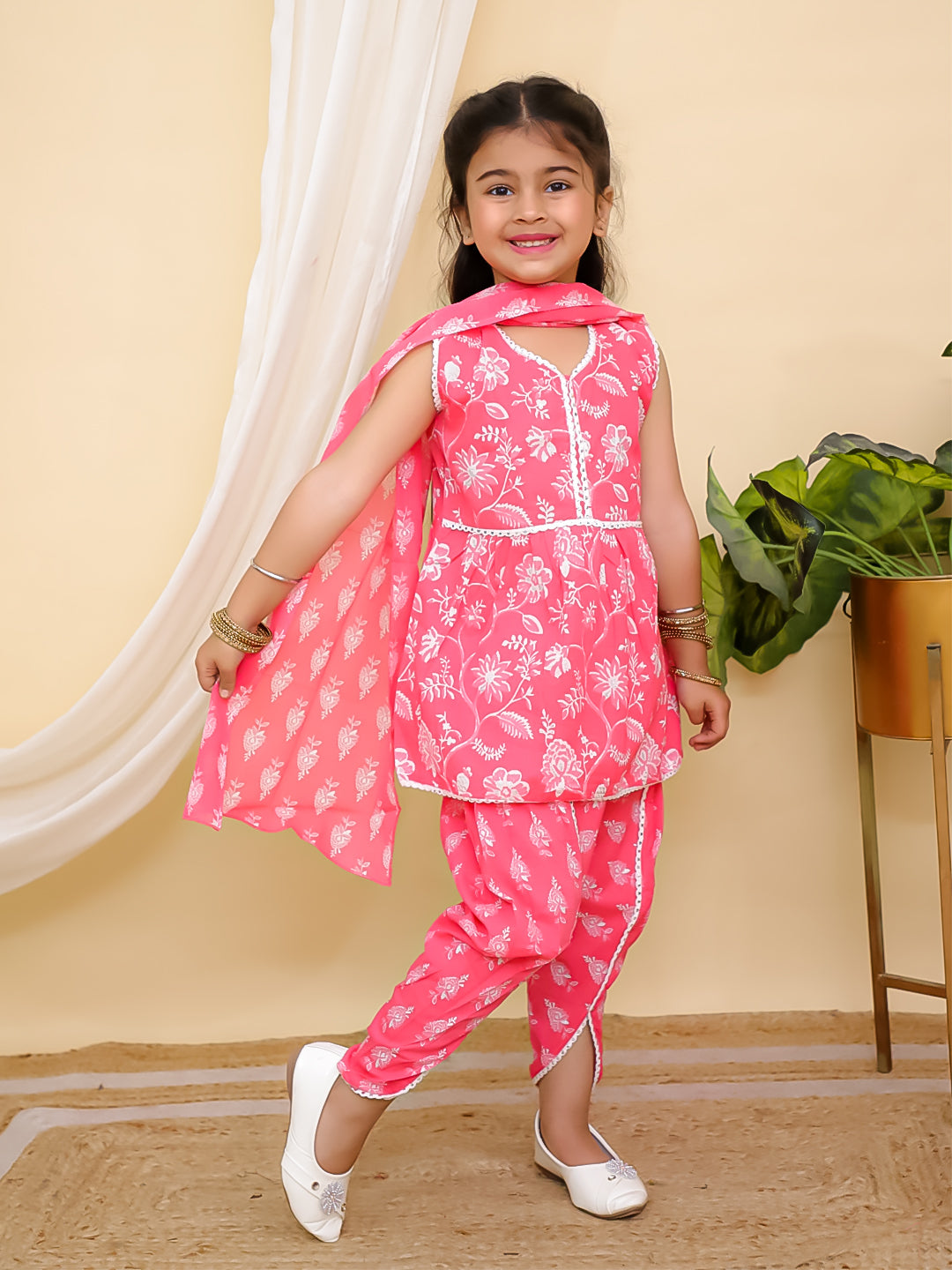 Pink Sleeveless Floral Print Cotton Girls Suit Set For Girls - AJ Dezines