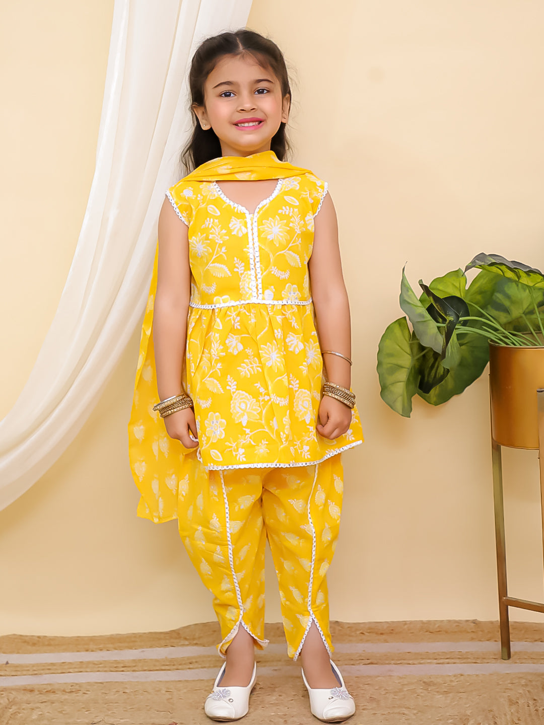 Yellow Sleeveless Floral Print Cotton Girls Suit Set For Girls - AJ Dezines