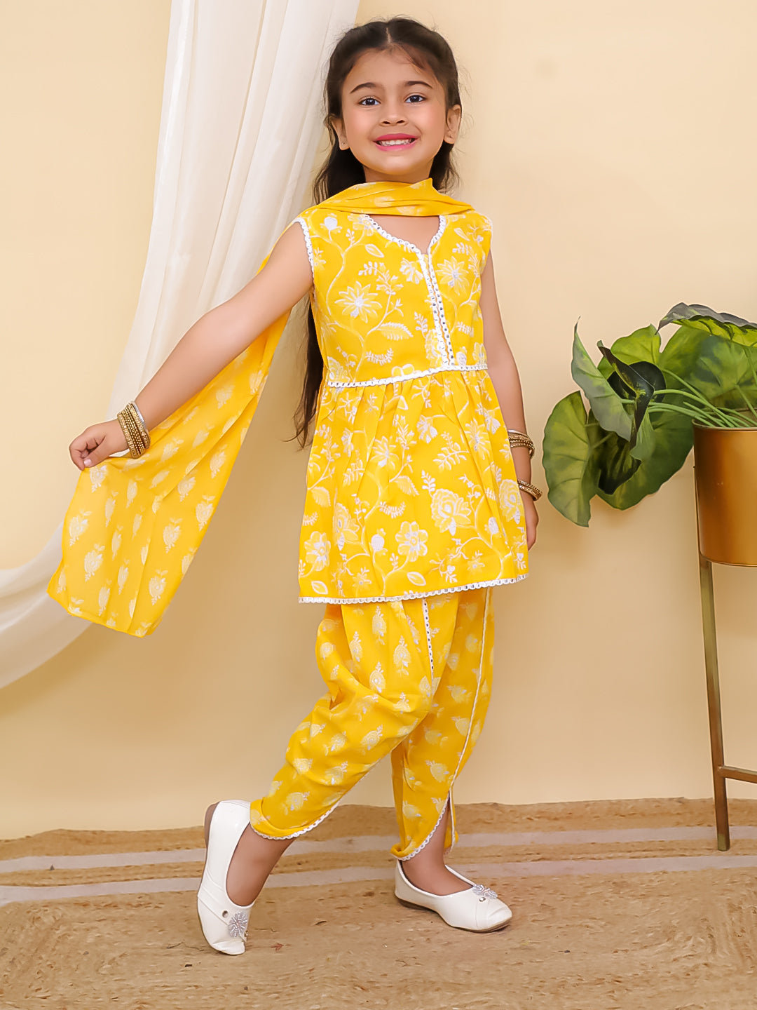 Yellow Sleeveless Floral Print Cotton Girls Suit Set For Girls - AJ Dezines