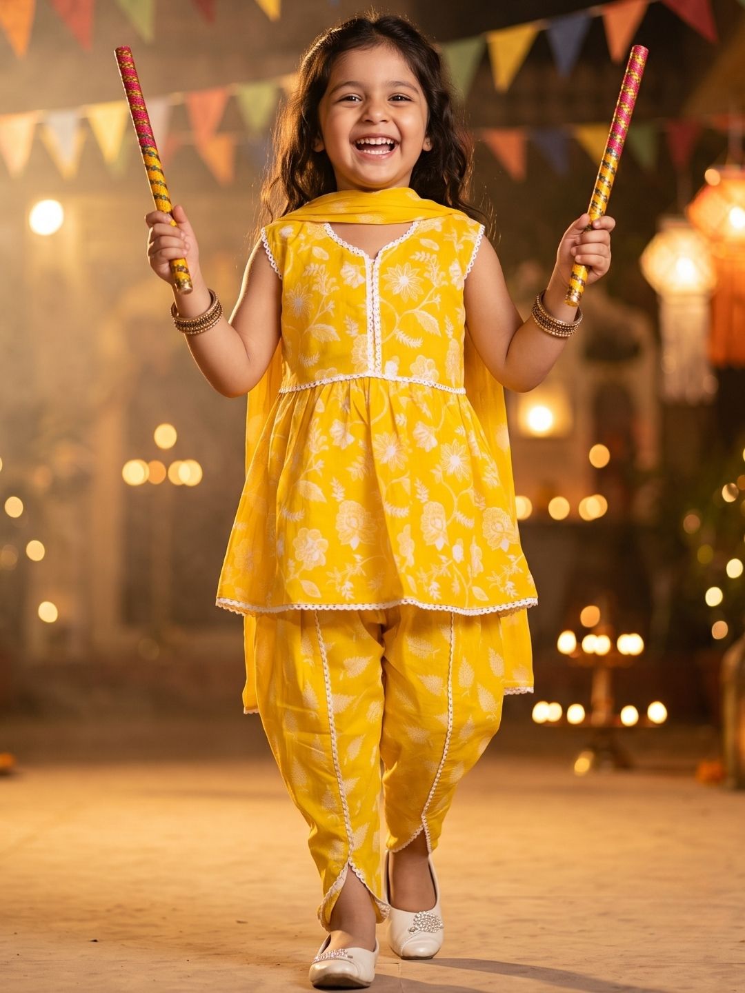 Yellow Sleeveless Floral Print Cotton Girls Suit Set For Girls
