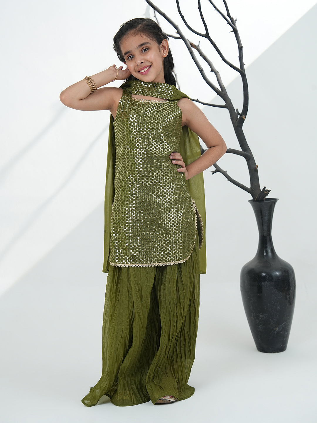 Green Gorgette Sleeveless All Over Sequins Embroidered Girls Suit Set - AJ Dezines