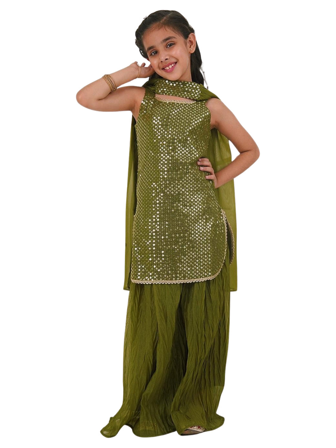 Green Gorgette Sleeveless All Over Sequins Embroidered Girls Suit Set - AJ Dezines