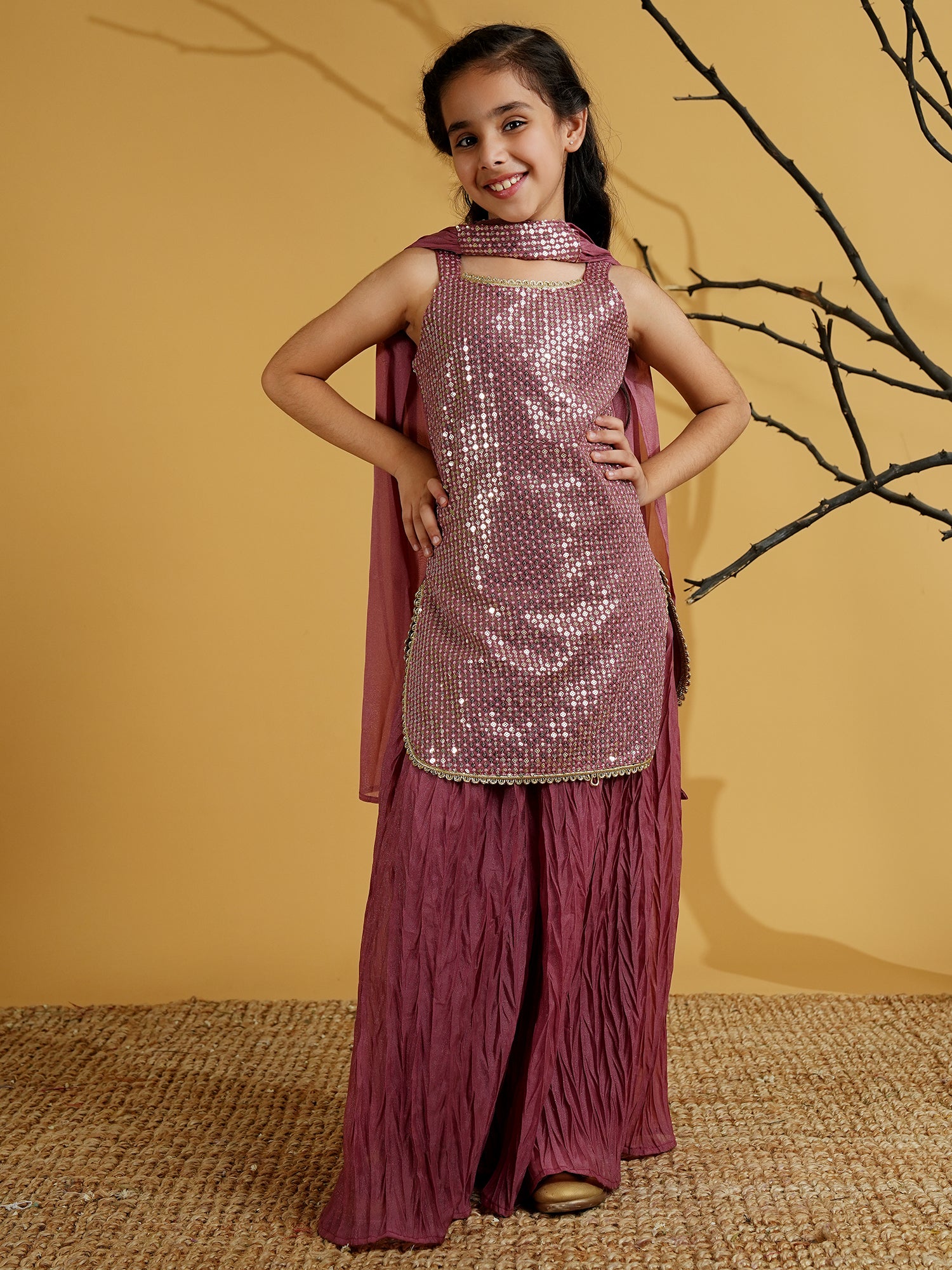 Pink Gorgette Sleeveless All Over Sequins Embroidered Girls Suit Set - AJ Dezines