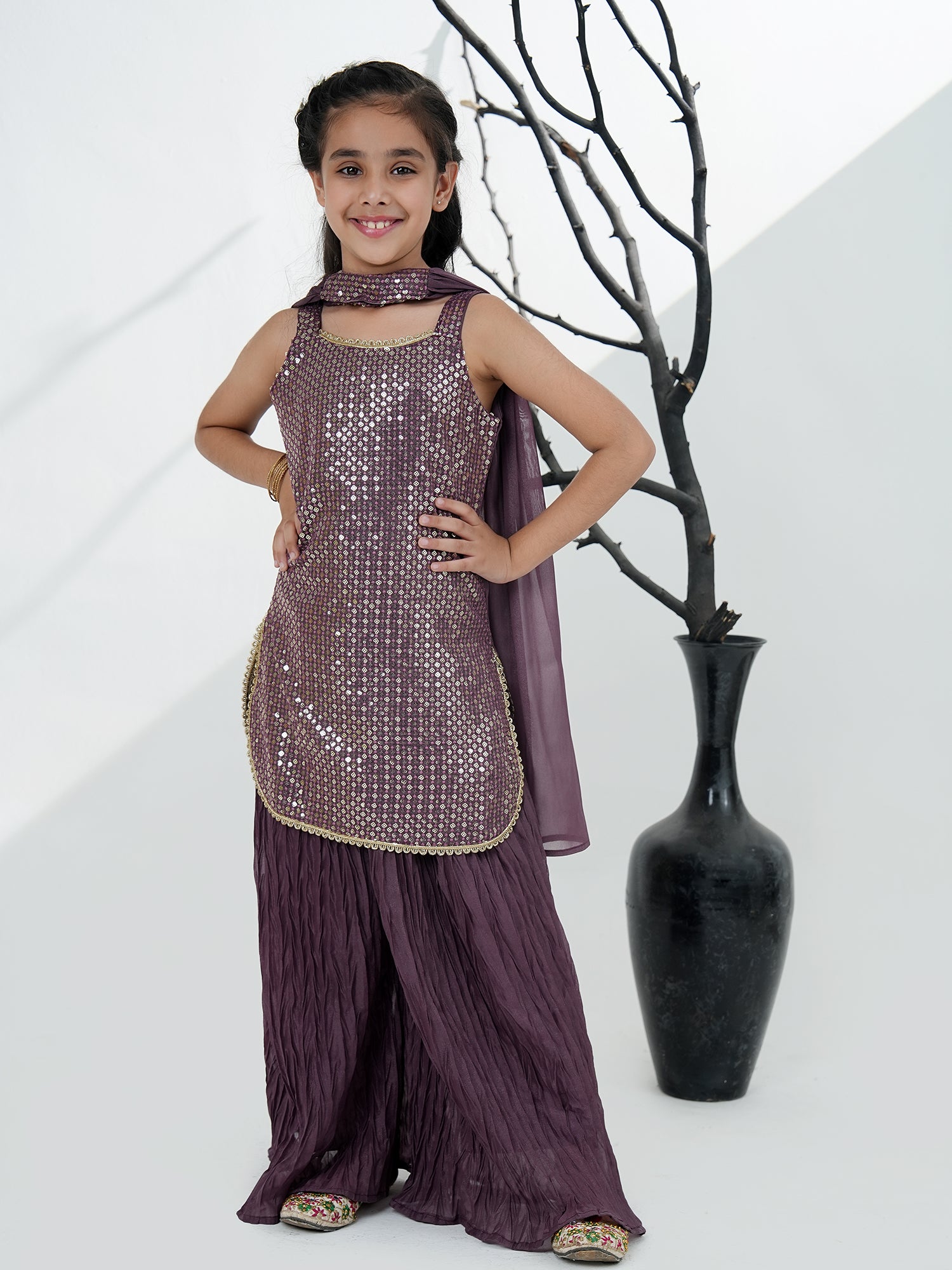 Purple Gorgette Sleeveless All Over Sequins Embroidered Girls Suit Set - AJ Dezines