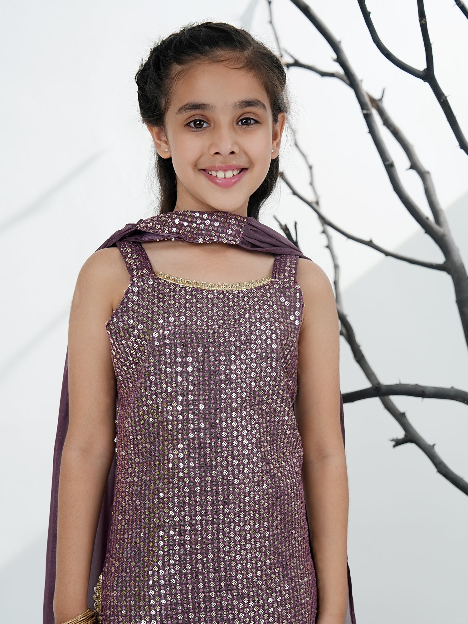 Purple Gorgette Sleeveless All Over Sequins Embroidered Girls Suit Set - AJ Dezines