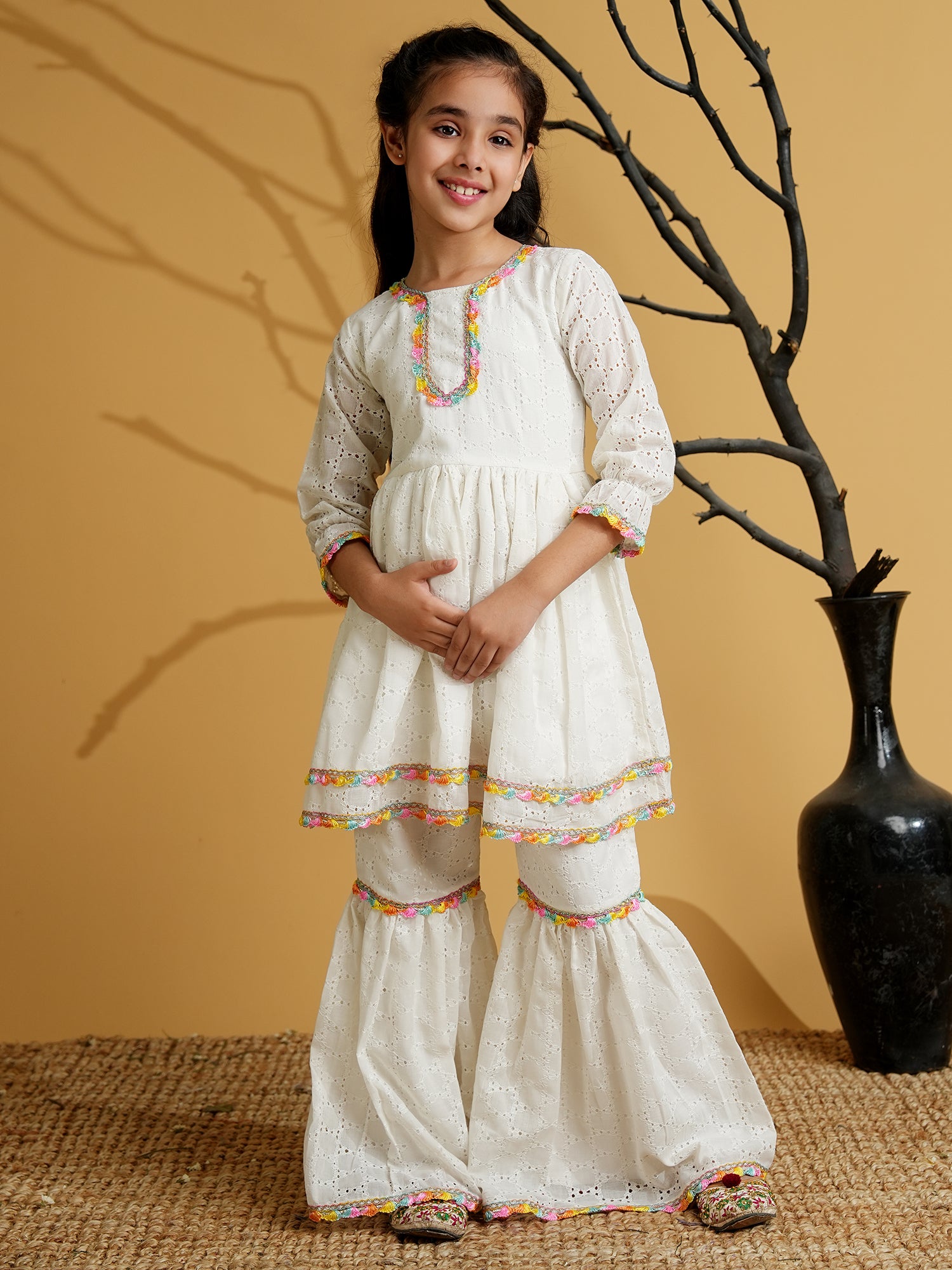 White Cotton Schiffli 3/4th Sleeves Solid Girls Suit Set - AJ Dezines