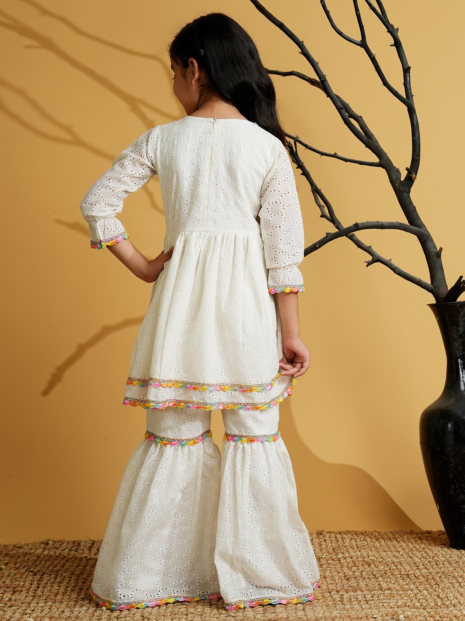 White Cotton Schiffli 3/4th Sleeves Solid Girls Suit Set - AJ Dezines