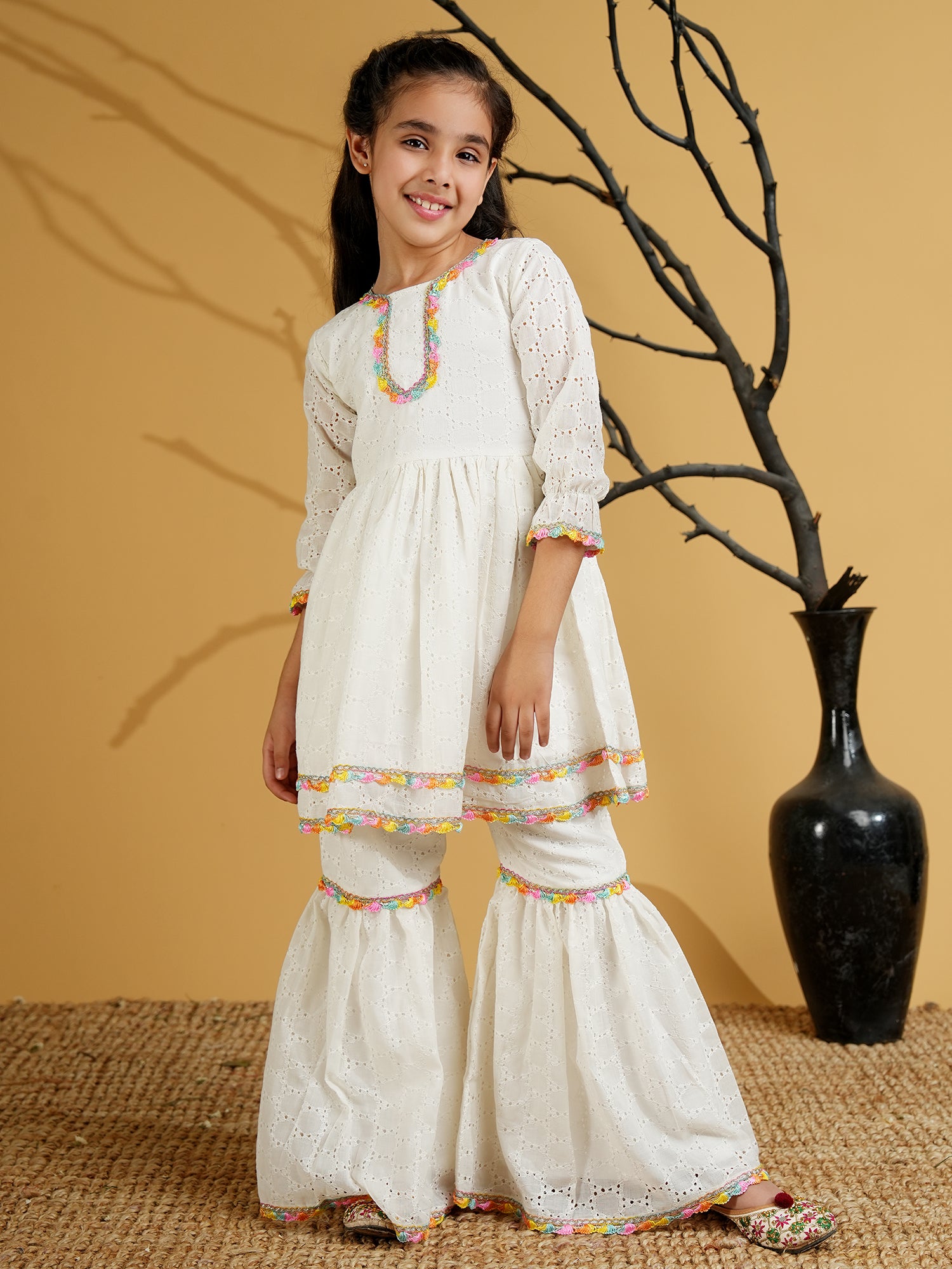 White Cotton Schiffli 3/4th Sleeves Solid Girls Suit Set - AJ Dezines