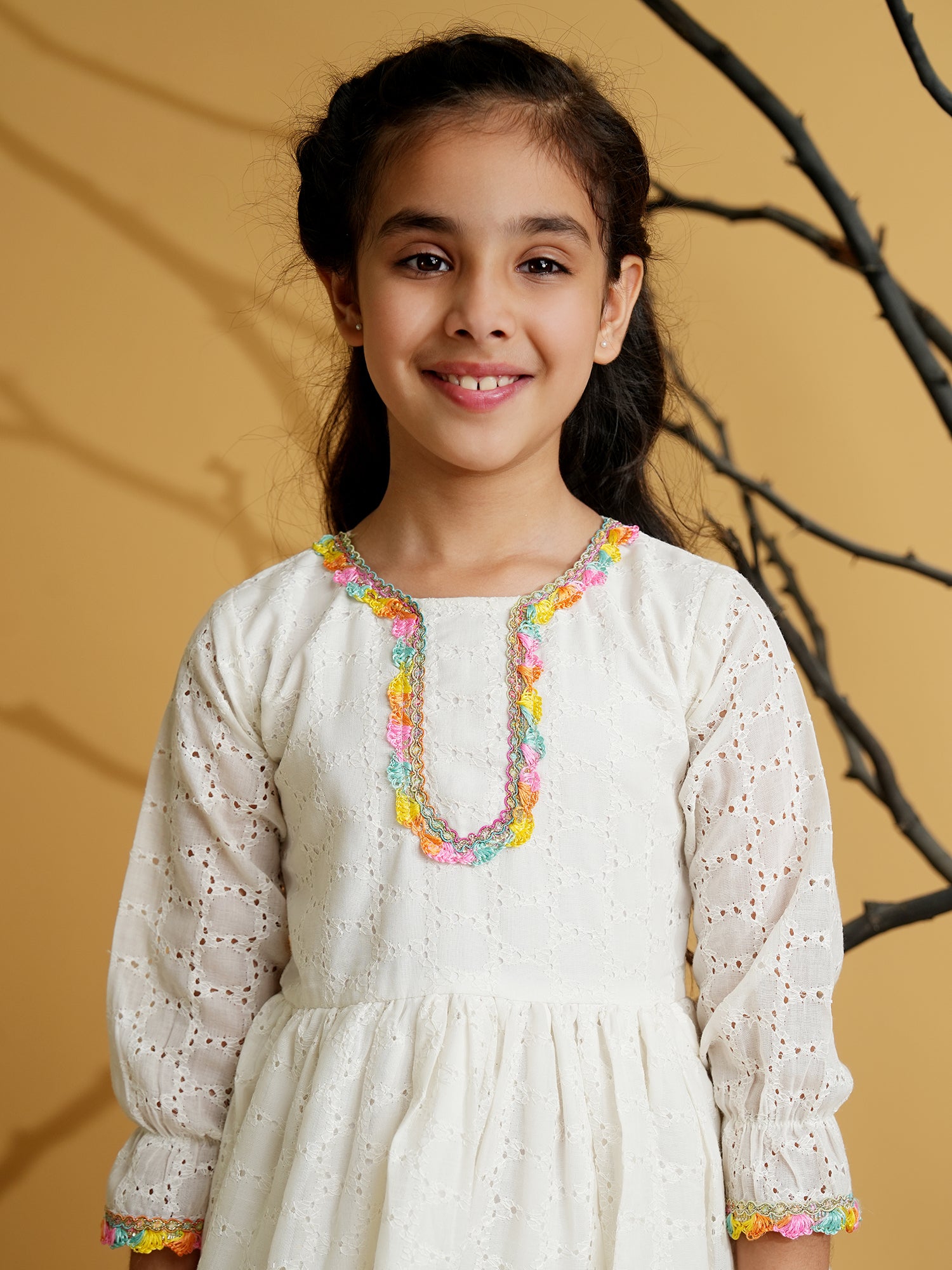 White Cotton Schiffli 3/4th Sleeves Solid Girls Suit Set - AJ Dezines