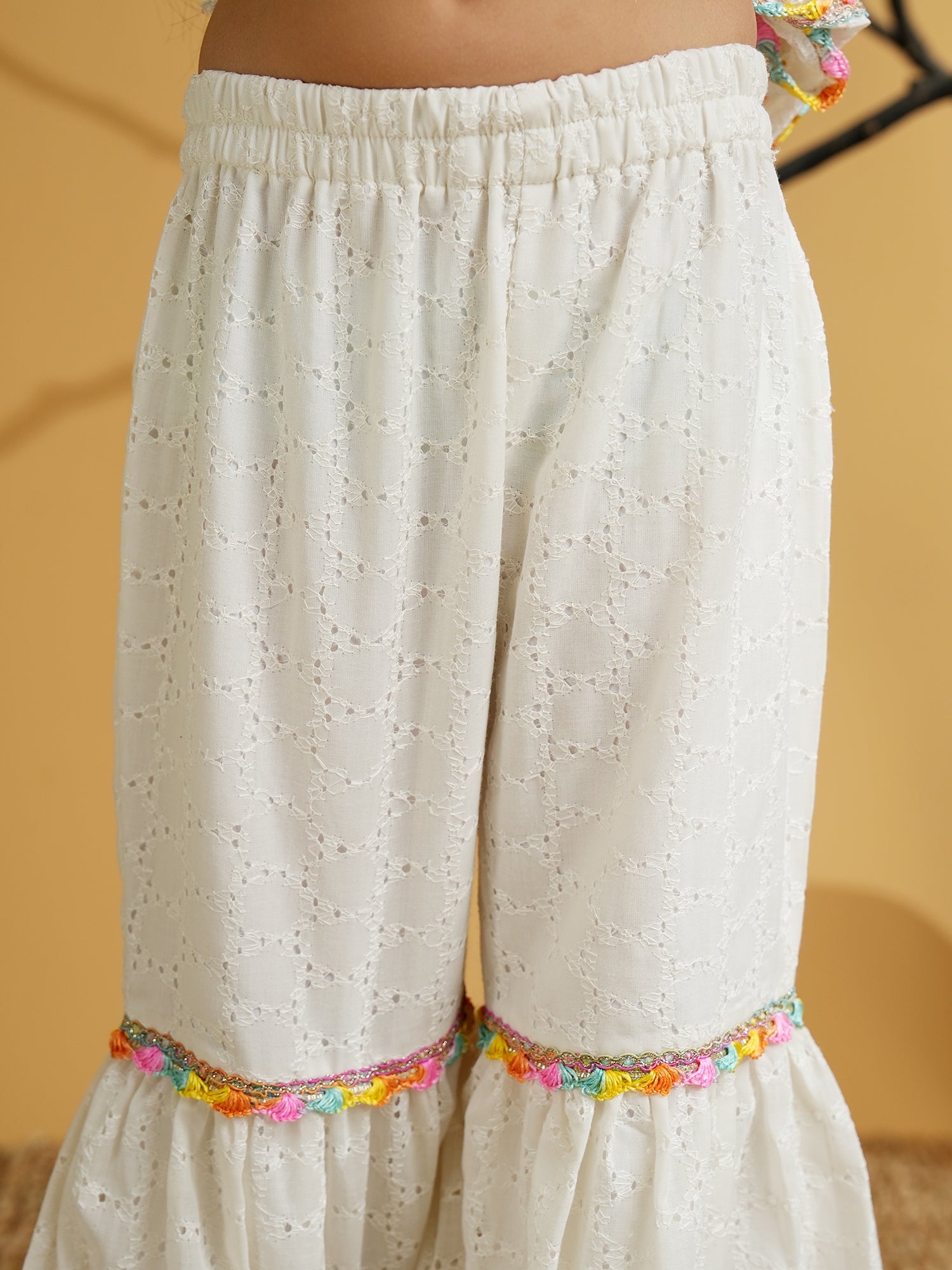 White Cotton Schiffli 3/4th Sleeves Solid Girls Suit Set - AJ Dezines