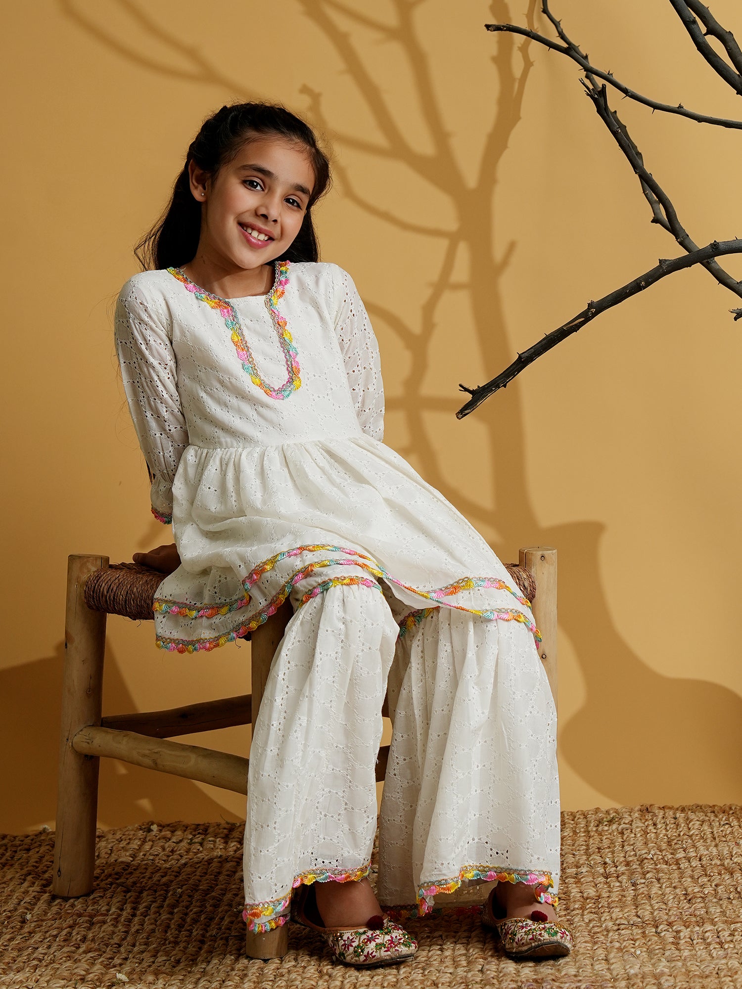 White Cotton Schiffli 3/4th Sleeves Solid Girls Suit Set - AJ Dezines