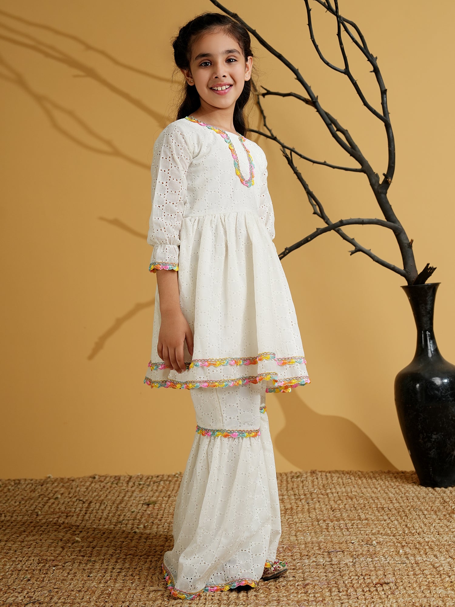 White Cotton Schiffli 3/4th Sleeves Solid Girls Suit Set - AJ Dezines