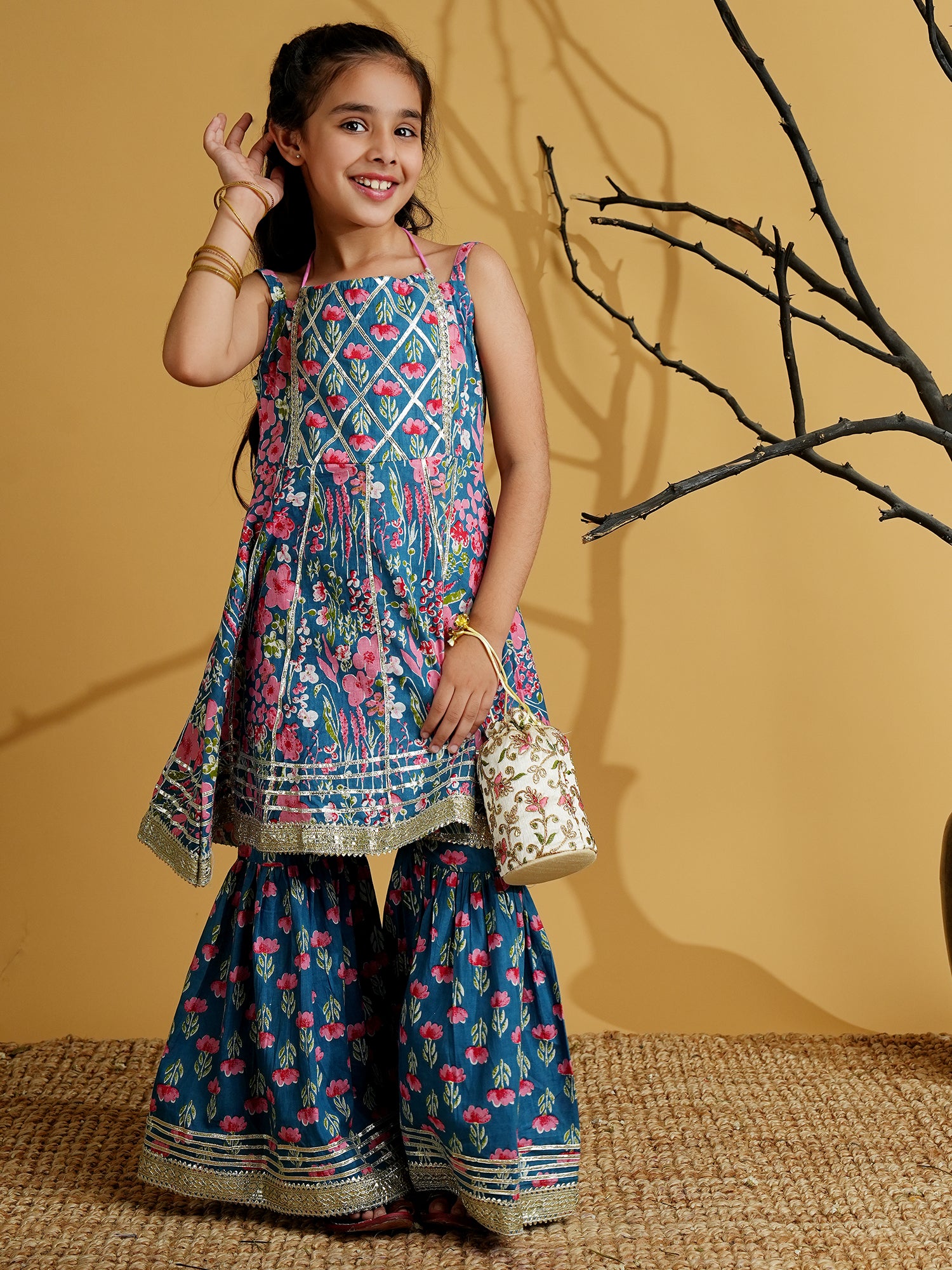 Blue Cotton Sleeveless Floral Print Girls Kurti and Sharara Set with Gotta Work - AJ Dezines