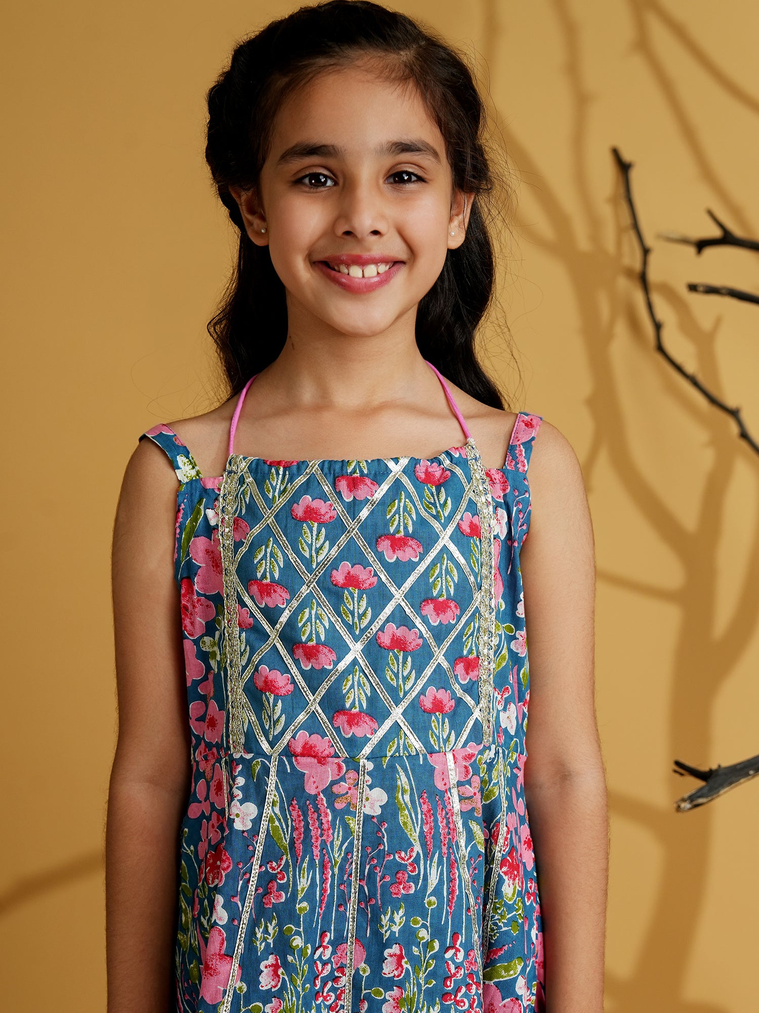 Blue Cotton Sleeveless Floral Print Girls Kurti and Sharara Set with Gotta Work - AJ Dezines