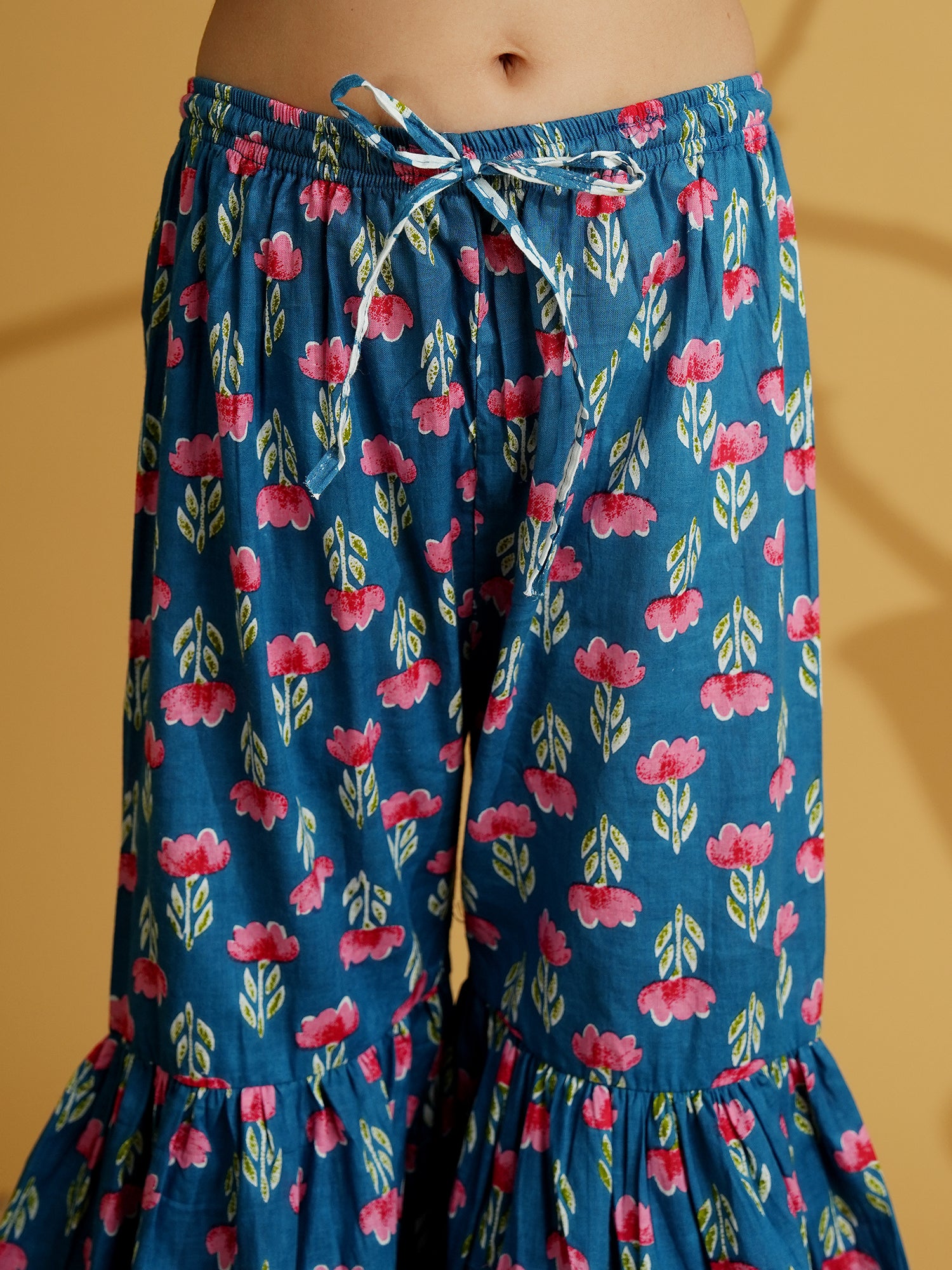 Blue Cotton Sleeveless Floral Print Girls Kurti and Sharara Set with Gotta Work - AJ Dezines