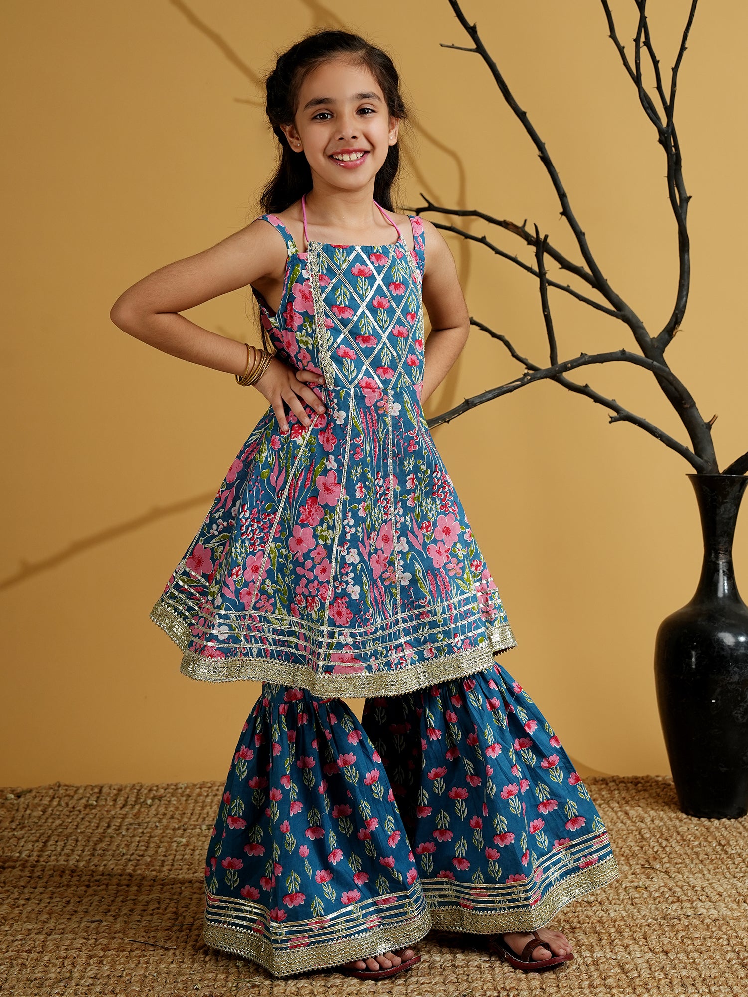 Blue Cotton Sleeveless Floral Print Girls Kurti and Sharara Set with Gotta Work - AJ Dezines