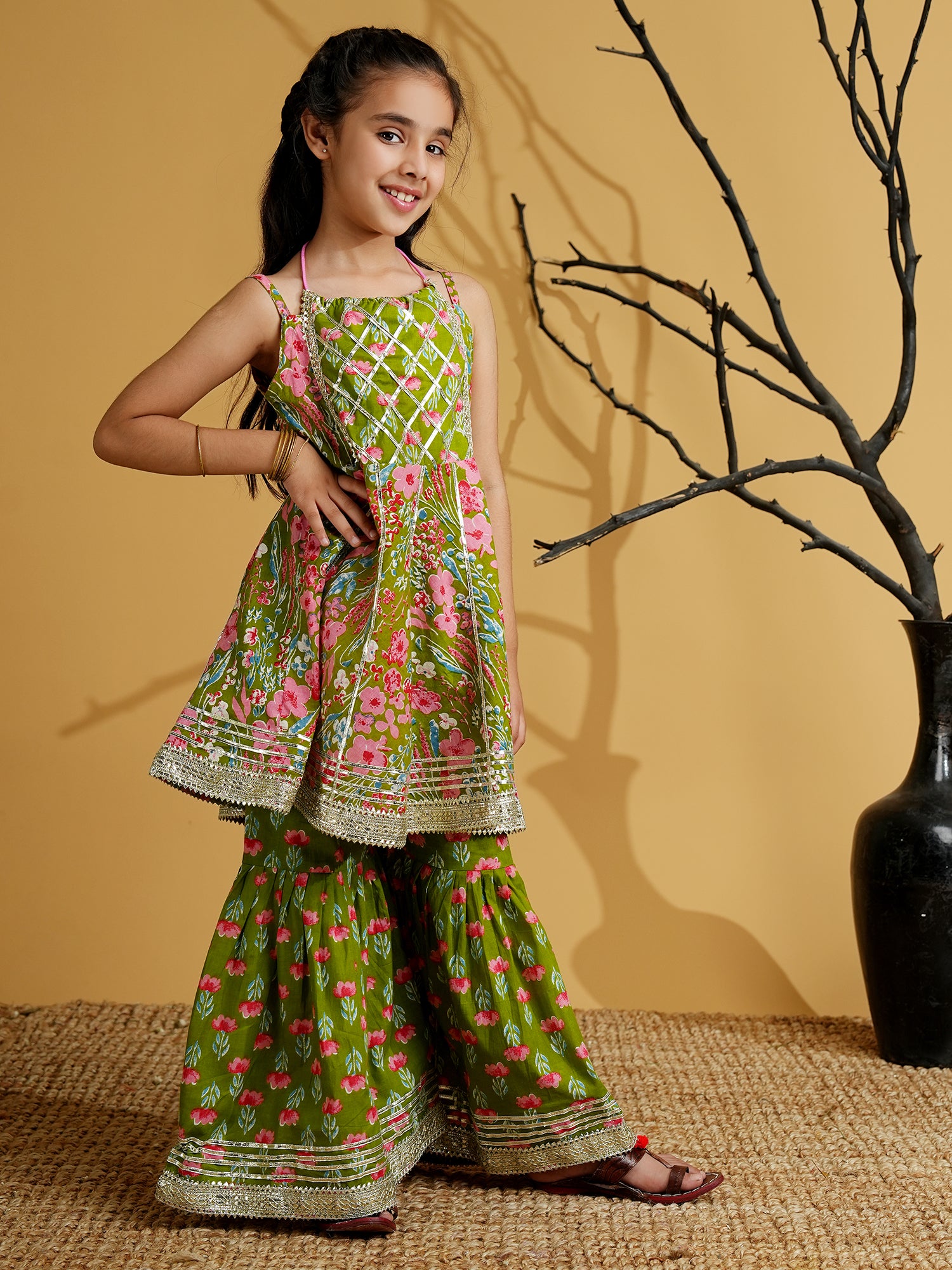 Green Cotton Sleeveless Floral Print Girls Kurti and Sharara Set with Gotta Work - AJ Dezines