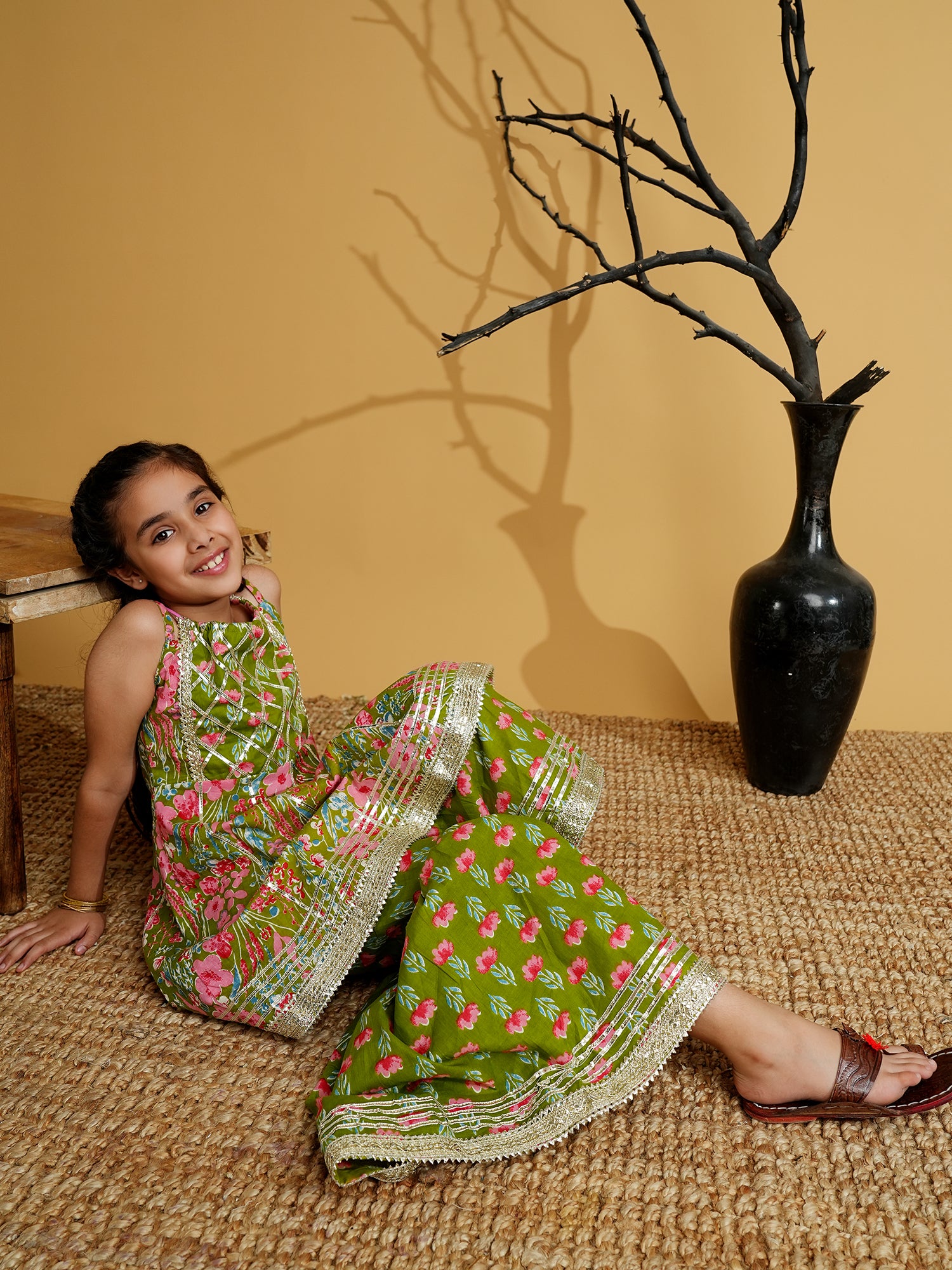 Green Cotton Sleeveless Floral Print Girls Kurti and Sharara Set with Gotta Work - AJ Dezines