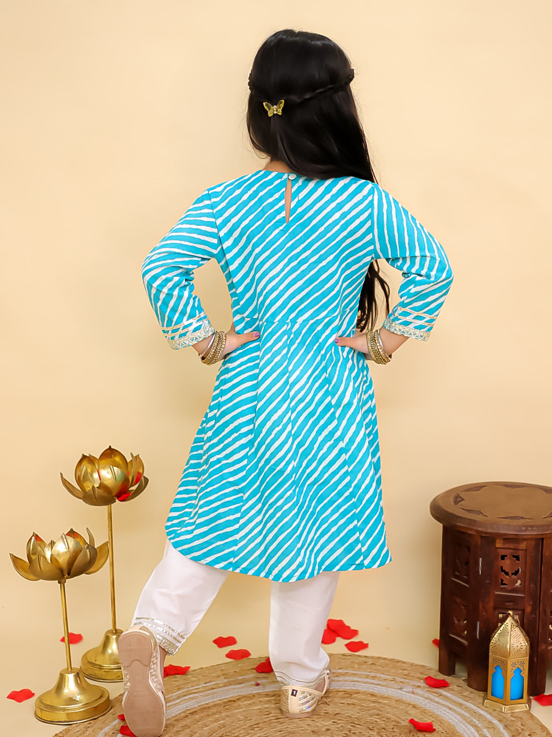 Blue Cotton 3/4th Sleeves Leheriya Print Girls Suit Set - AJ Dezines