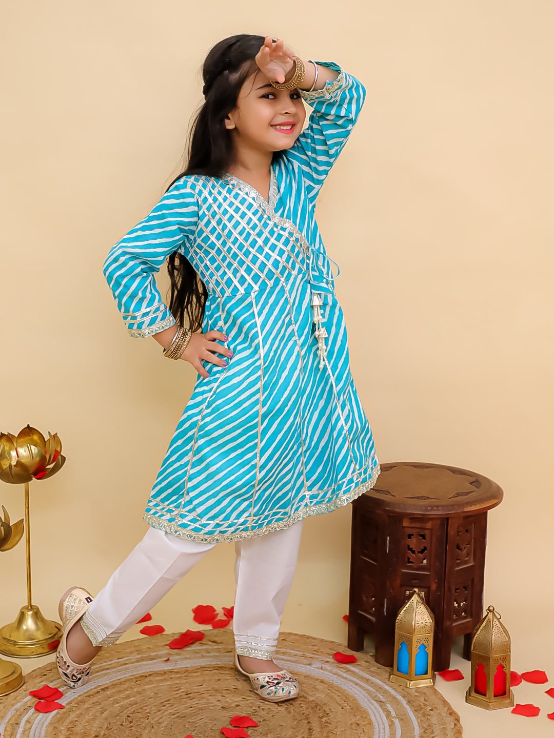 Blue Cotton 3/4th Sleeves Leheriya Print Girls Suit Set - AJ Dezines