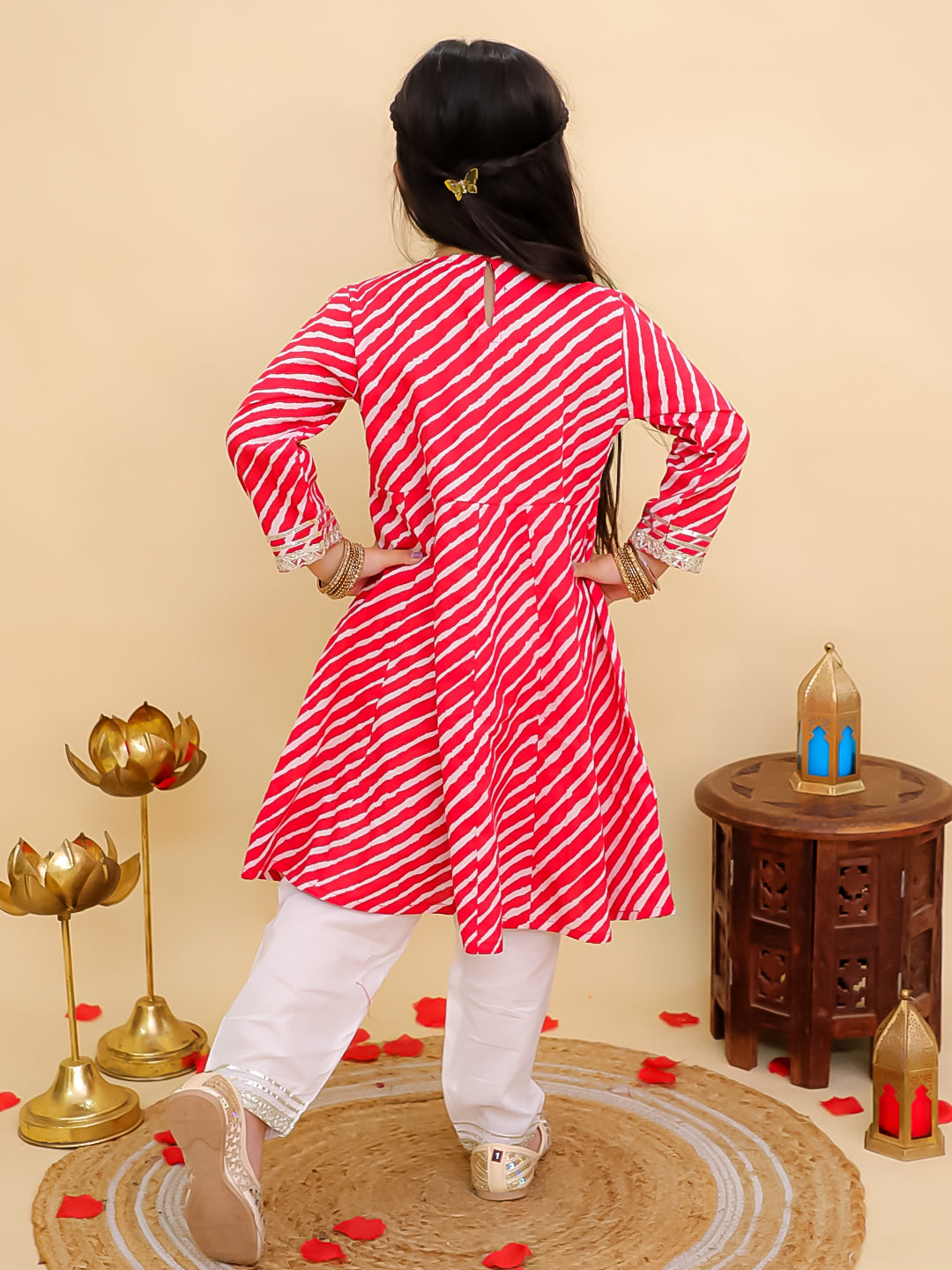 Red Cotton 3/4th Sleeves Leheriya Print Girls Suit Set - AJ Dezines