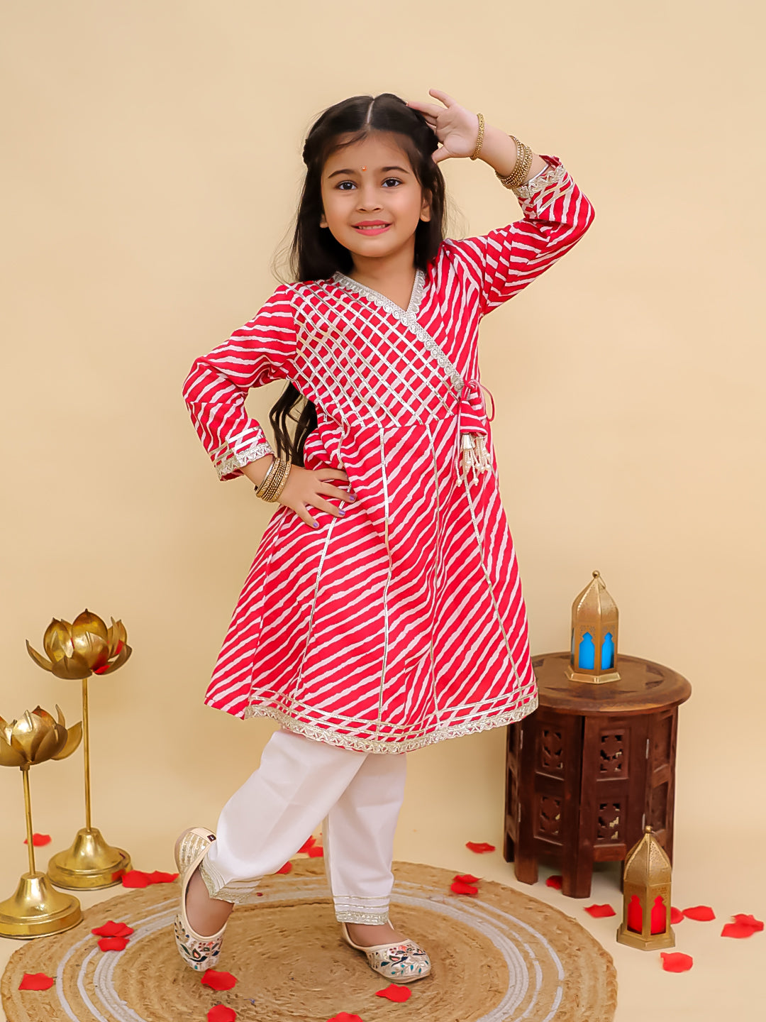 Red Cotton 3/4th Sleeves Leheriya Print Girls Suit Set - AJ Dezines