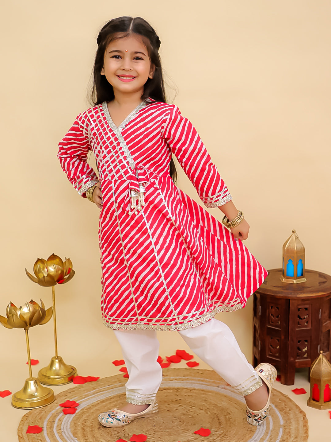 Red Cotton 3/4th Sleeves Leheriya Print Girls Suit Set - AJ Dezines