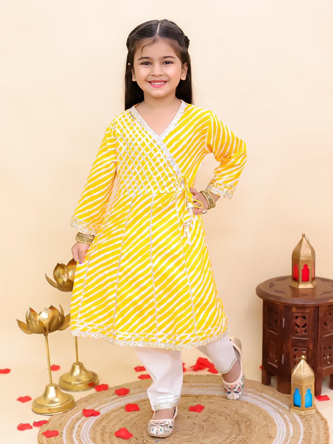Yellow Cotton 3/4th Sleeves Leheriya Print Girls Suit Set - AJ Dezines