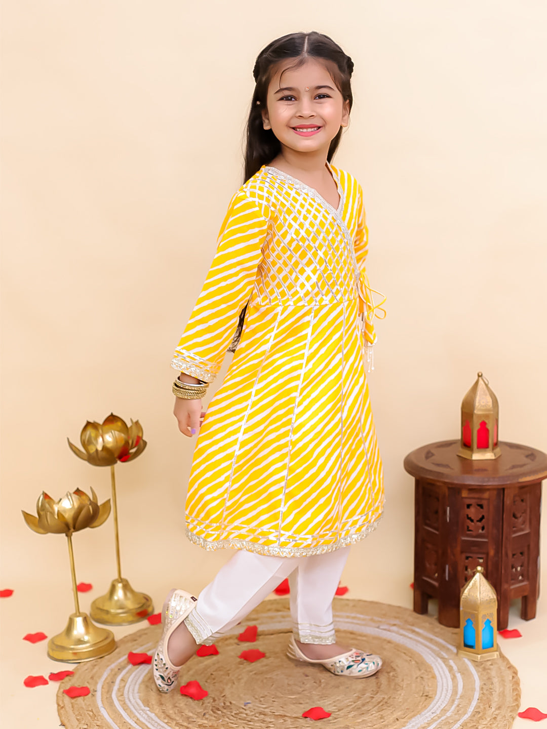 Yellow Cotton 3/4th Sleeves Leheriya Print Girls Suit Set - AJ Dezines