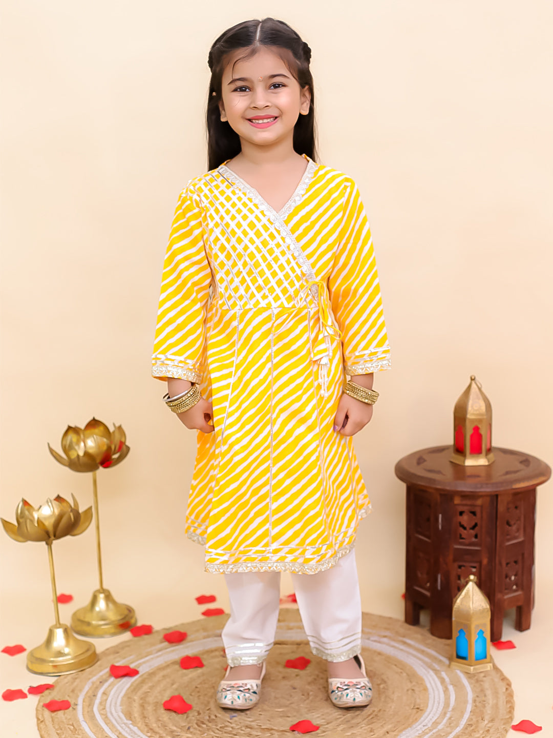 Yellow Cotton 3/4th Sleeves Leheriya Print Girls Suit Set - AJ Dezines