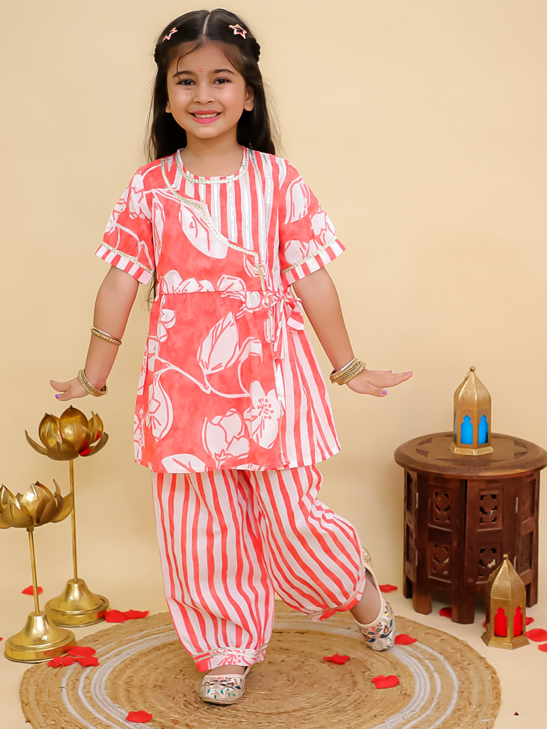 Red Cotton 3/4th Sleeves Floral Print Girls Suit Set - AJ Dezines
