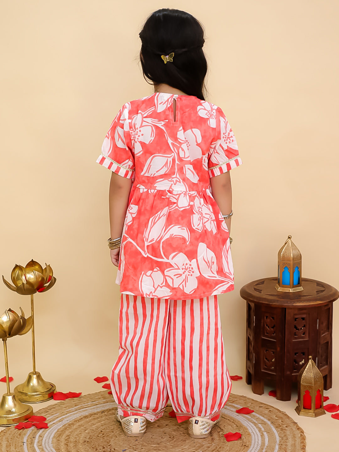 Red Cotton 3/4th Sleeves Floral Print Girls Suit Set - AJ Dezines