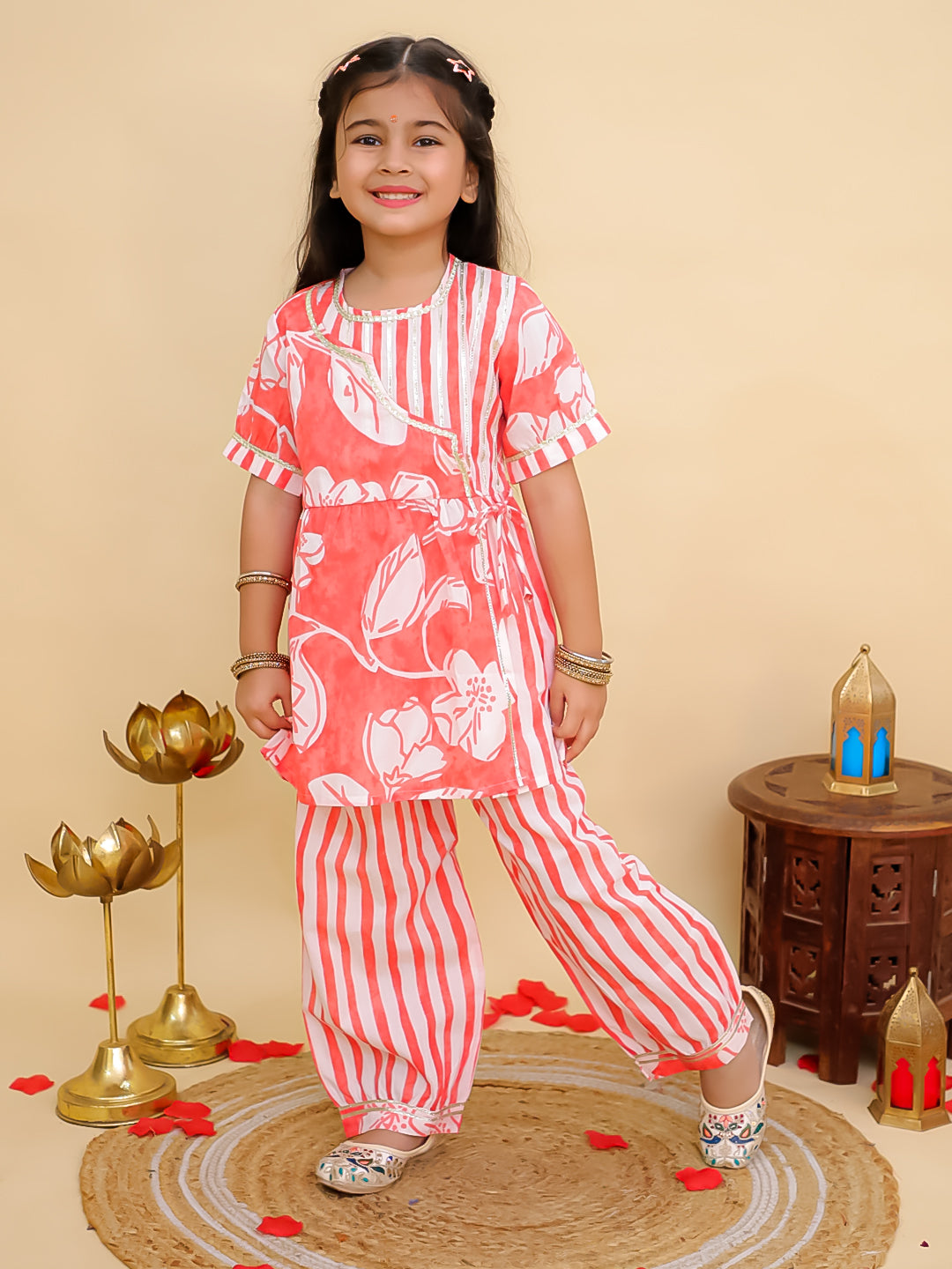 Red Cotton 3/4th Sleeves Floral Print Girls Suit Set - AJ Dezines