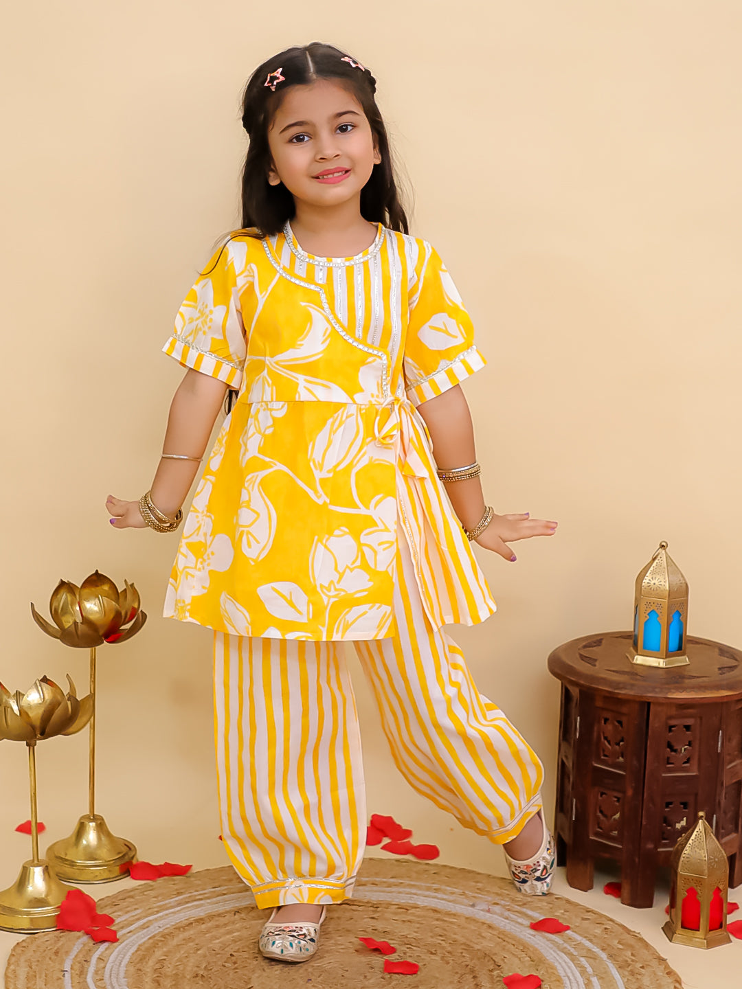 Yellow Cotton 3/4th Sleeves Floral Print Girls Suit Set - AJ Dezines